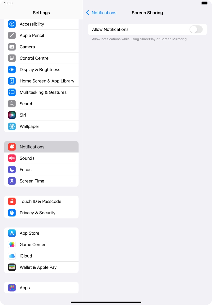 Press the indicator next to 'Allow Notifications' to turn the function on or off. Press the indicator next to 'Allow Notifications' to turn the function on or off.