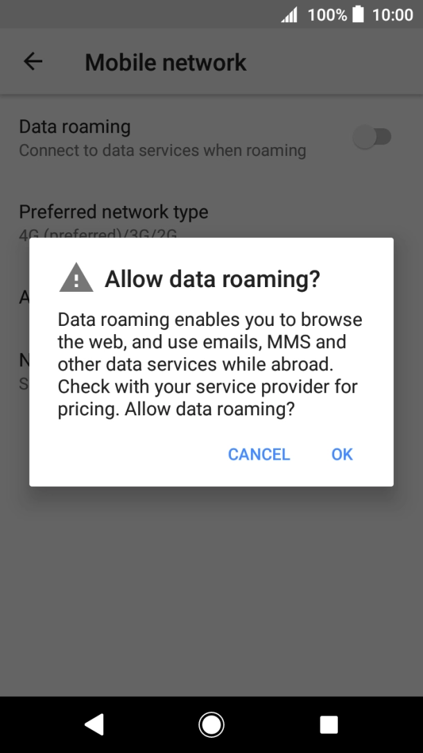 If you turn on data roaming, press OK.
