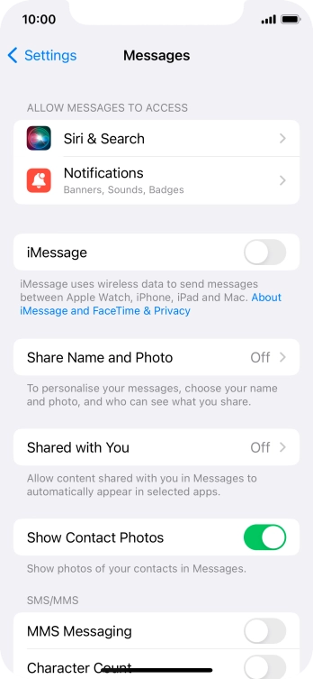Press the indicator next to 'iMessage' to turn on the function.