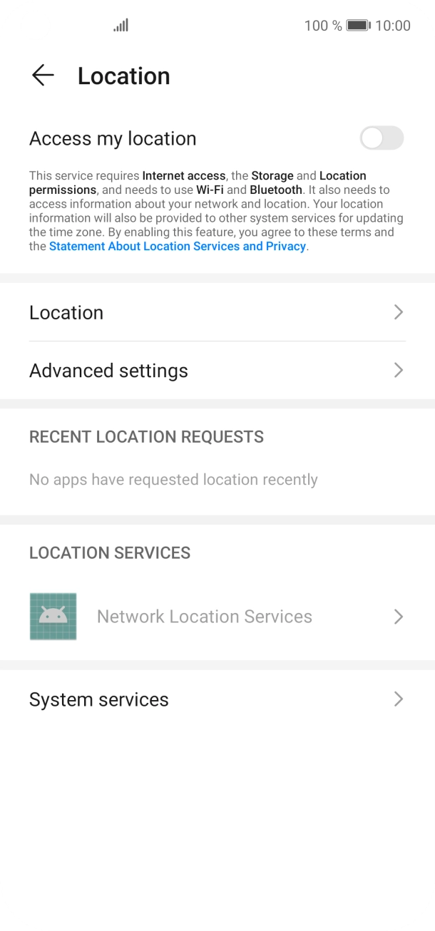 Press the indicator next to 'Access my location' to turn the function on or off. Press the indicator next to 'Access my location' to turn the function on or off.