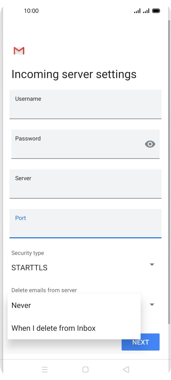 Press Never to keep emails on the server when you delete them on your phone. Press Never to keep emails on the server when you delete them on your phone.