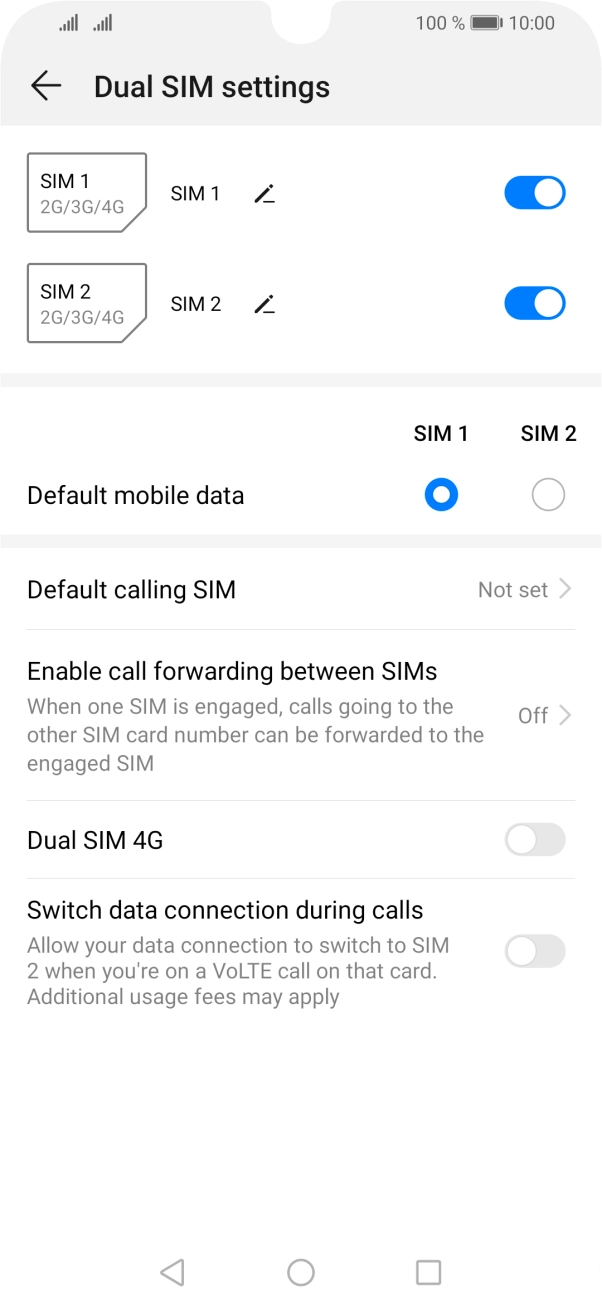 Press the indicator next to the required SIM to turn use of the SIM on or off.