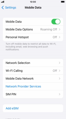 Press the indicator next to 'Mobile Data' to turn the function on or off.