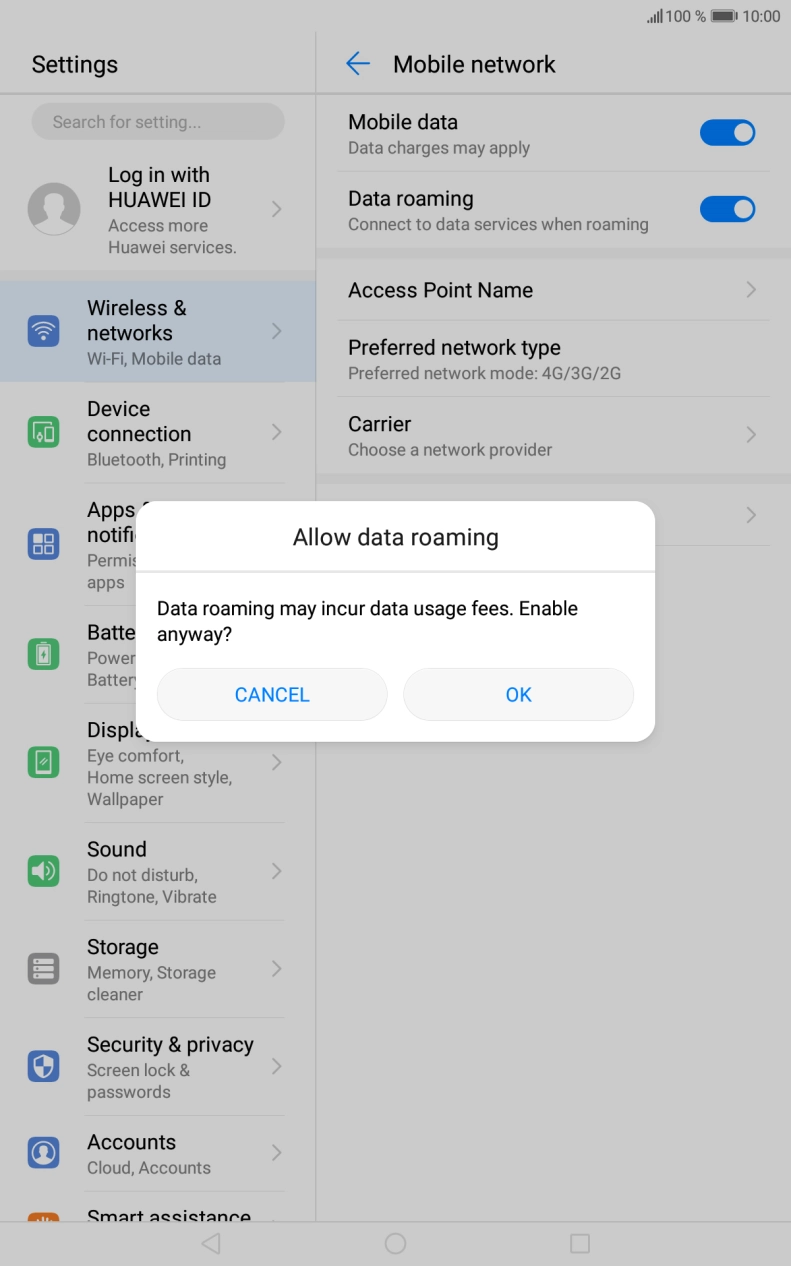 If you turn on data roaming, press OK. If you turn on data roaming, press OK.
