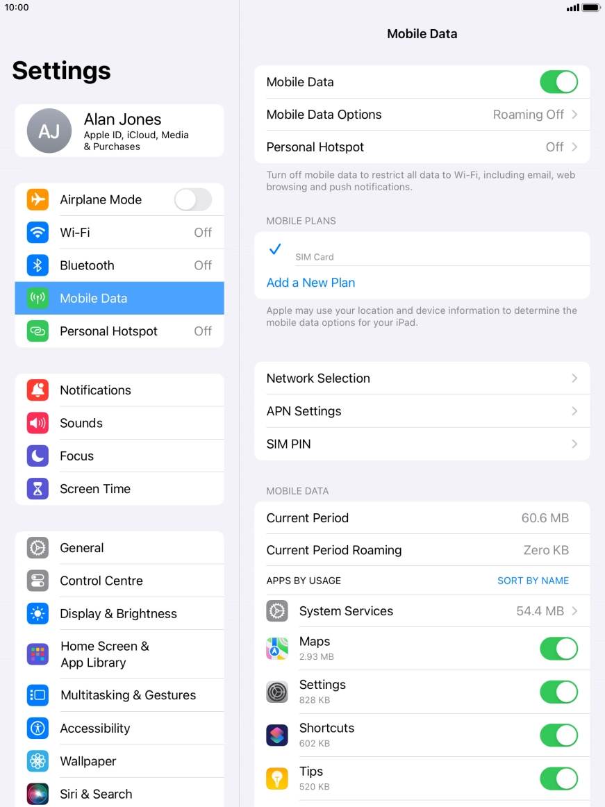 Press the indicator next to 'Mobile Data' to turn the function on or off. Press the indicator next to 'Mobile Data' to turn the function on or off.