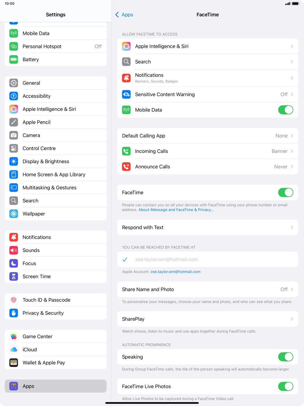 Press the indicator next to 'FaceTime' to turn the function on or off.