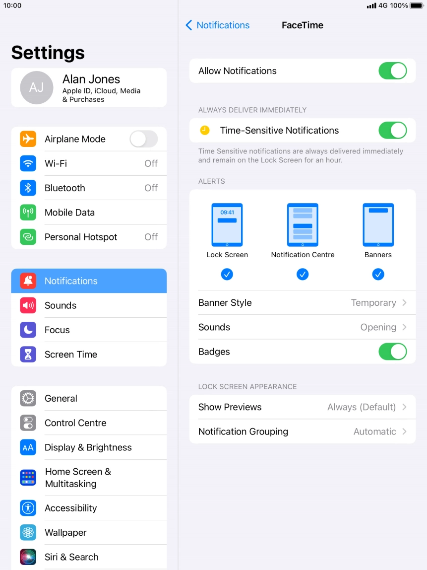 Press the indicator next to 'Allow Notifications' to turn notifications for the selected application on or off. Press the indicator next to 'Allow Notifications' to turn notifications for the selected application on or off.