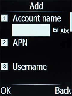 Highlight the field below 'Account name' and key in O2 UK MMS. Highlight the field below 'Account name' and key in O2 UK MMS.
