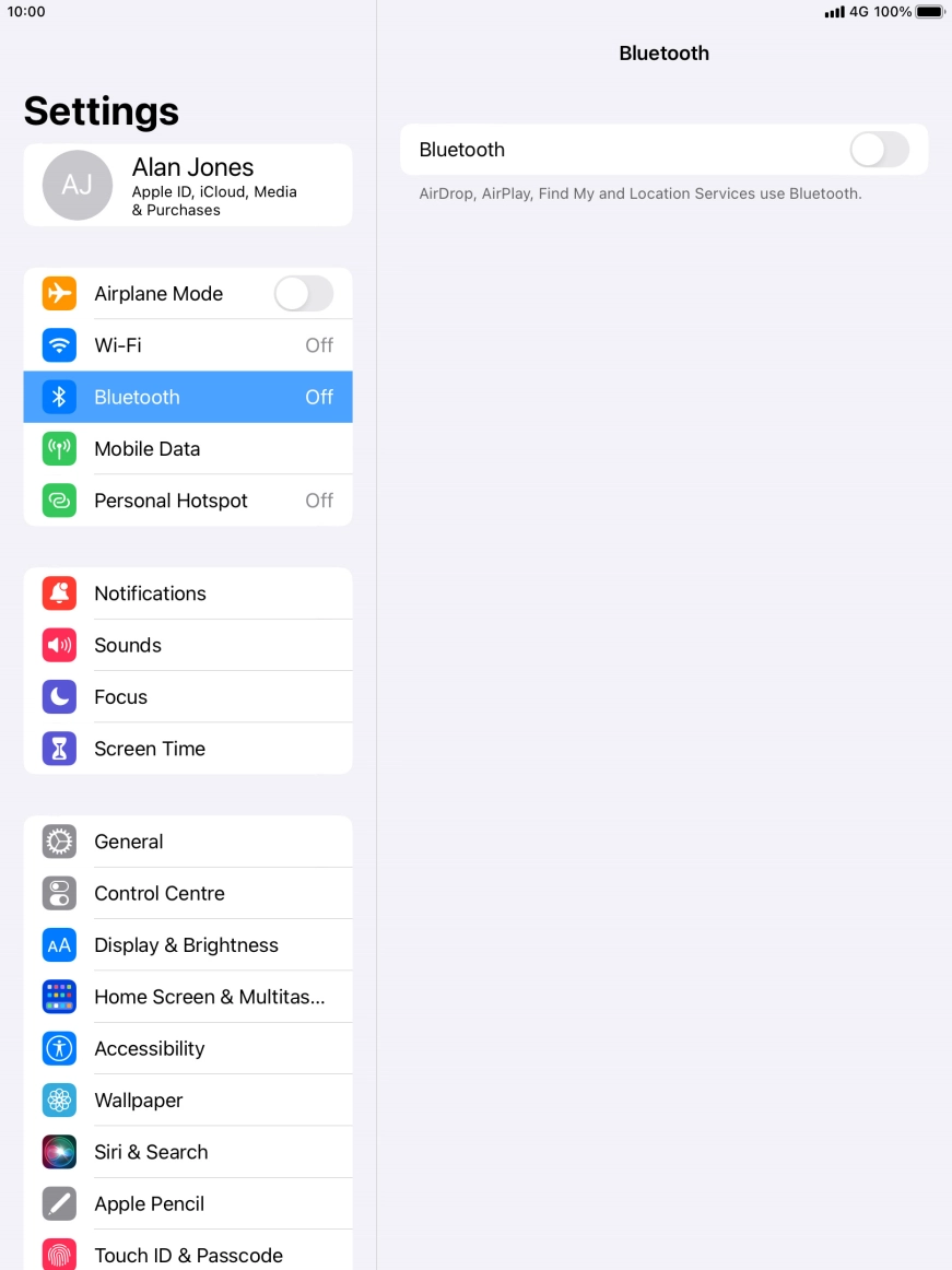Press the indicator next to 'Bluetooth' to turn on the function.