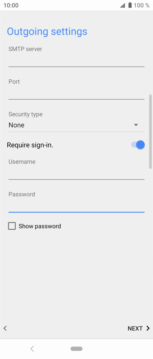 Press the field below 'SMTP server' and key in the name of your email provider's outgoing server. Press the field below 'SMTP server' and key in the name of your email provider's outgoing server.