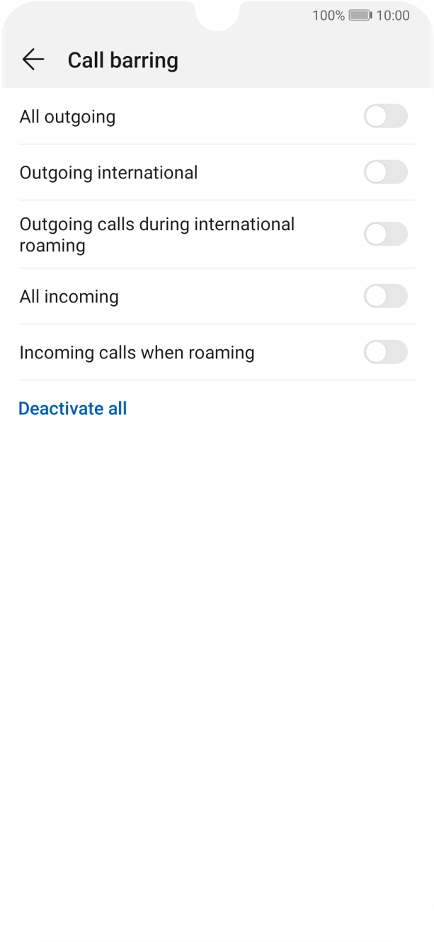 Press the indicator next to the required barring type to turn the function on or off.