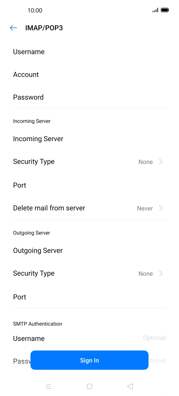 Press Username and key in the username for your email account. Press Username and key in the username for your email account.