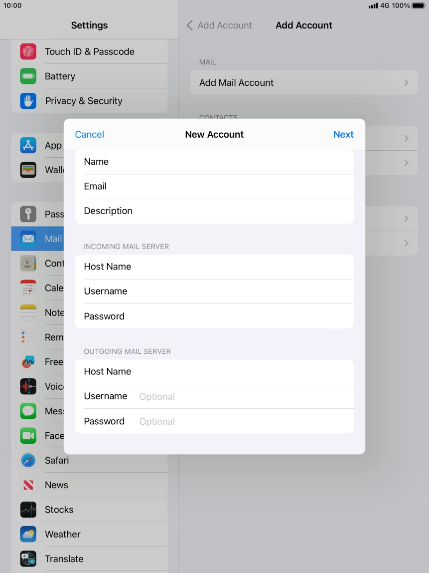 Press Username and key in the username for your email account.