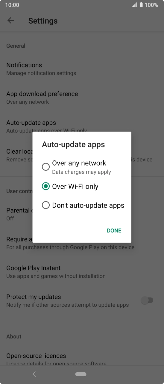 To turn on automatic update of apps using mobile network, press Over any network.