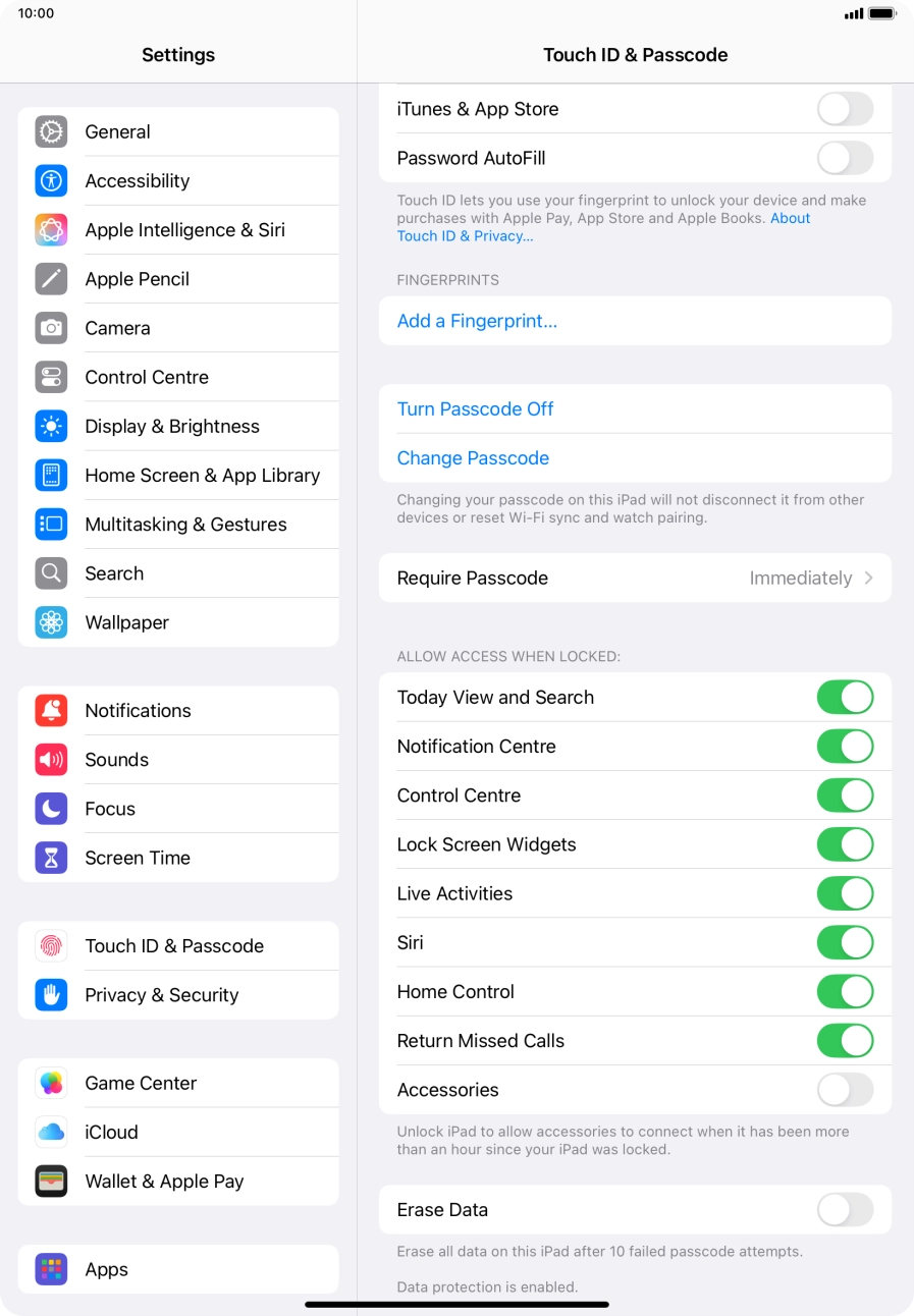 Press the indicator next to 'Erase Data' to turn the function on or off.