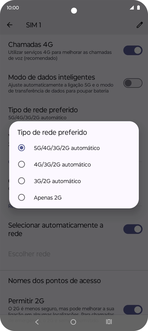 Prima o tipo de rede pretendido.