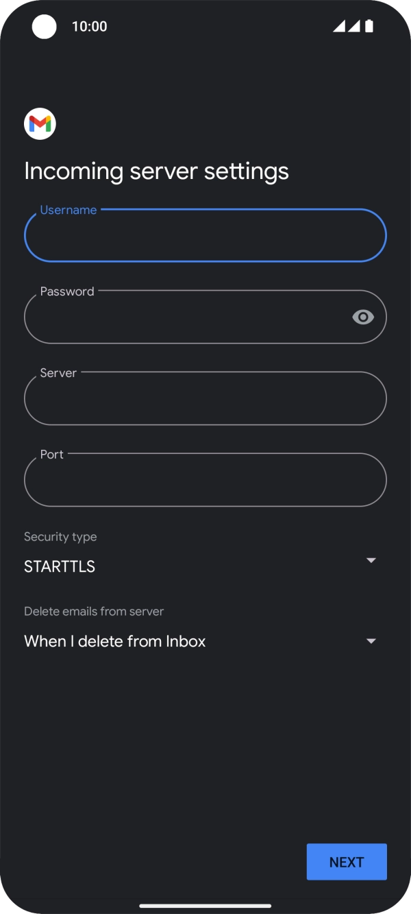 Press the field below 'Server' and key in the name of your email provider's incoming server. Press the field below 'Server' and key in the name of your email provider's incoming server.