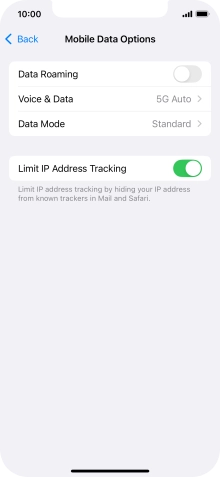 Press the indicator next to 'Data Roaming' to turn the function on or off.