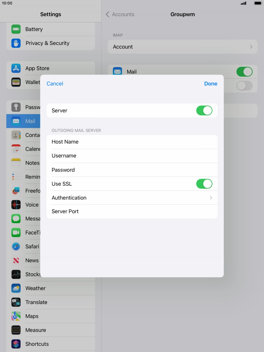 Press the indicator next to 'Use SSL' to turn off the function. Press the indicator next to 'Use SSL' to turn off the function.