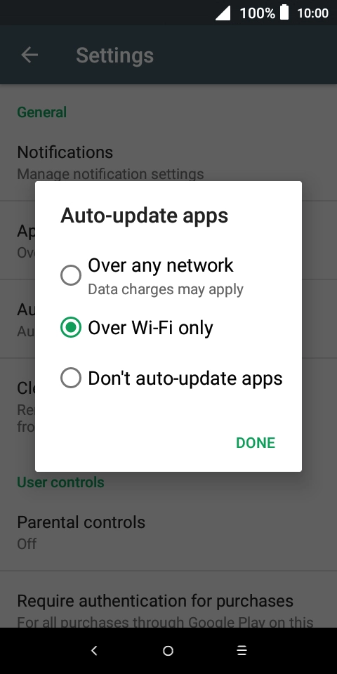 To turn on automatic update of apps using mobile network, press Over any network.
