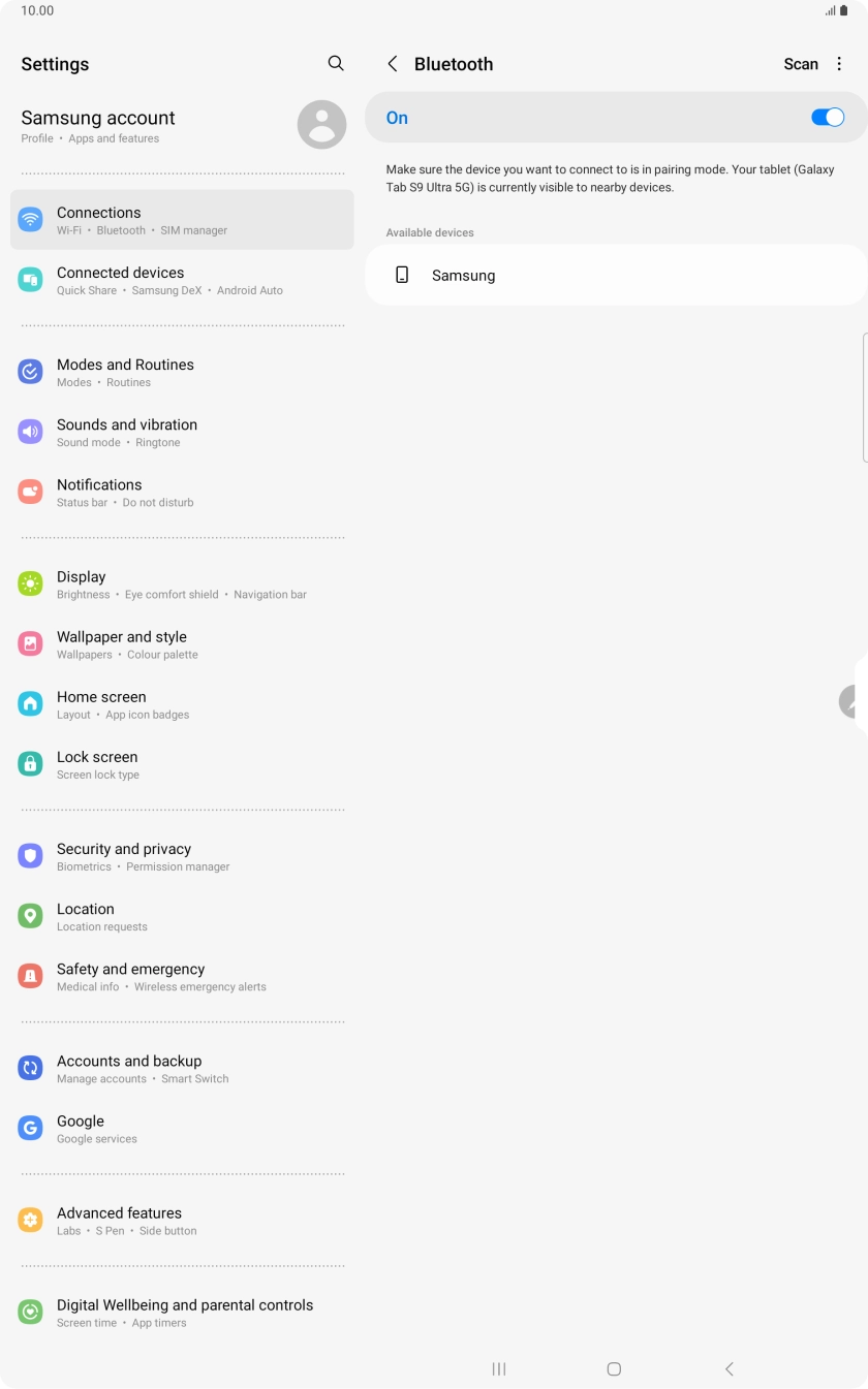 Press the required Bluetooth device and follow the instructions on the screen to pair the device with your tablet.
