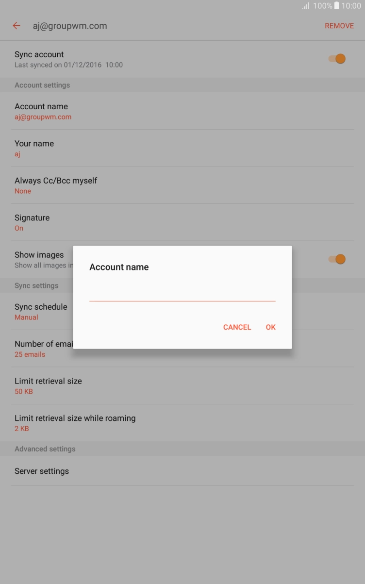Key in the required name for the email account and press OK.