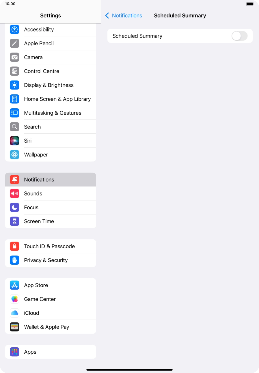 Press the indicator next to 'Scheduled Summary' to turn on the function and follow the instructions on the screen to set the notification summary. Press the indicator next to 'Scheduled Summary' to turn on the function and follow the instructions on the screen to set the notification summary.