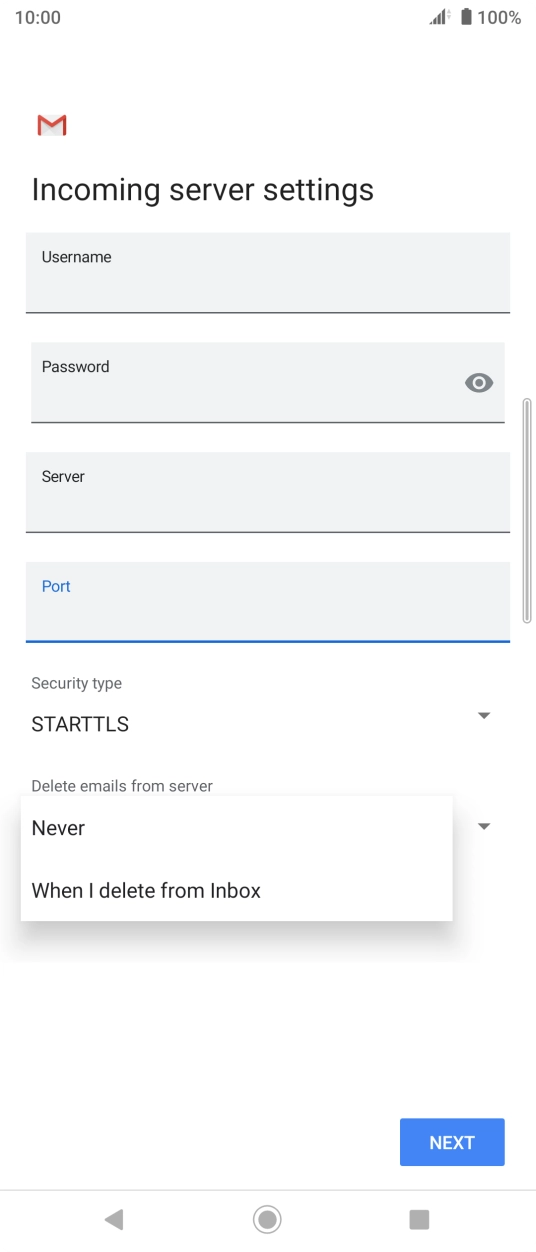 Press Never to keep emails on the server when you delete them on your phone. Press Never to keep emails on the server when you delete them on your phone.