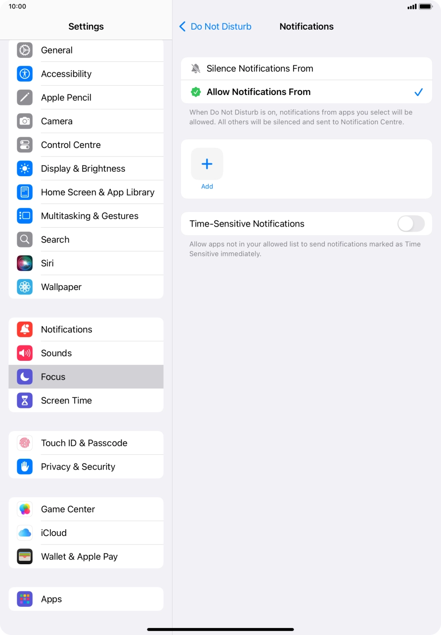 Press the indicator next to 'Time-Sensitive Notifications' to turn display of timed notifications on or off when Do Not Disturb is turned on. Press the indicator next to 'Time-Sensitive Notifications' to turn display of timed notifications on or off when Do Not Disturb is turned on.
