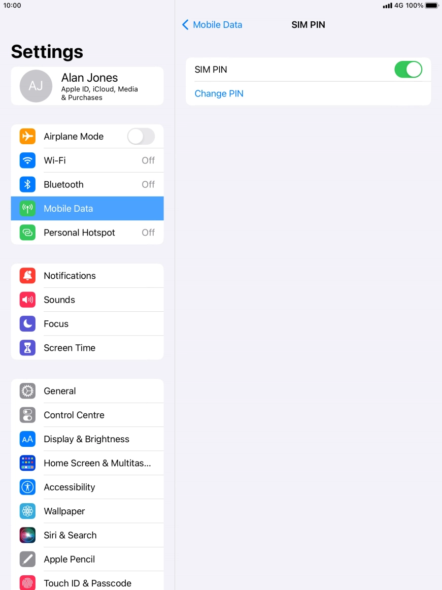 Press the indicator next to 'SIM PIN' to turn the function on or off.