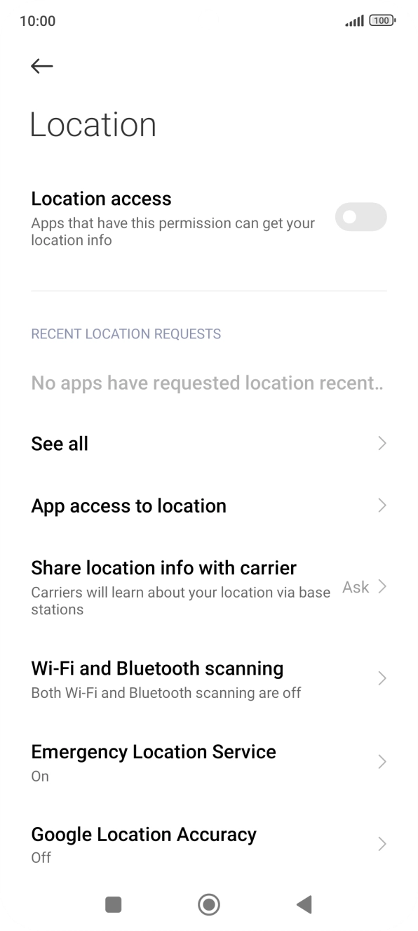 Press the indicator next to 'Location access' to turn the function on or off. Press the indicator next to 'Location access' to turn the function on or off.