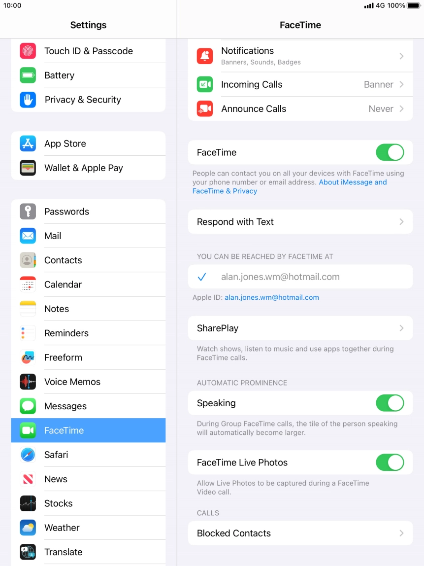 Press the indicator next to 'FaceTime' to turn the function on or off. Press the indicator next to 'FaceTime' to turn the function on or off.