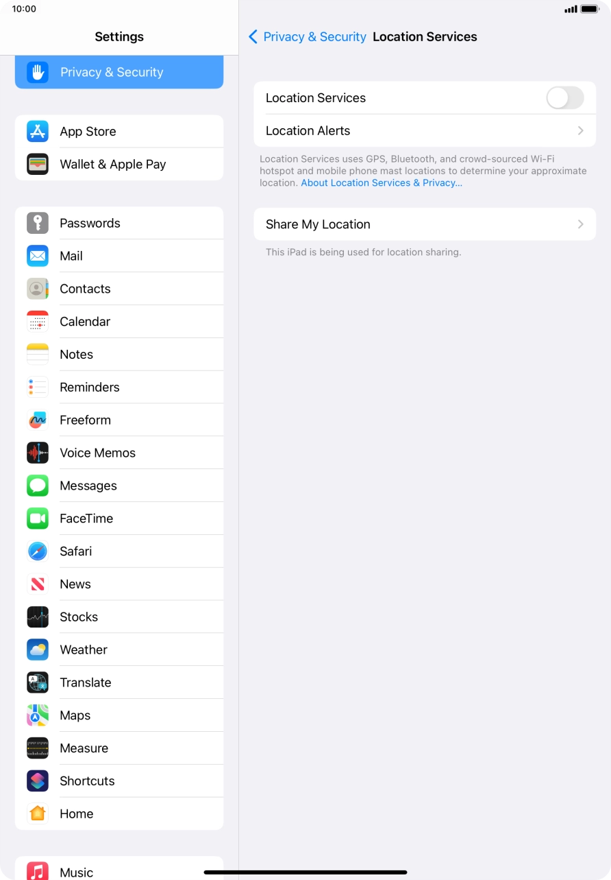 Press the indicator next to 'Location Services' to turn the function on or off. Press the indicator next to 'Location Services' to turn the function on or off.