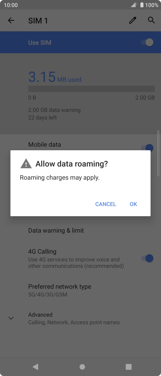 If you turn on data roaming, press OK.