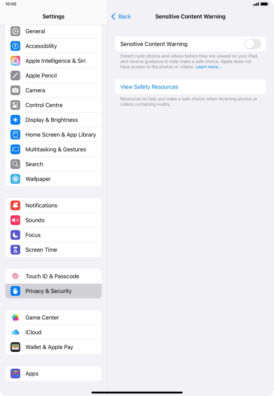 Press the indicator next to 'Sensitive Content Warning' to turn the function on or off. Press the indicator next to 'Sensitive Content Warning' to turn the function on or off.