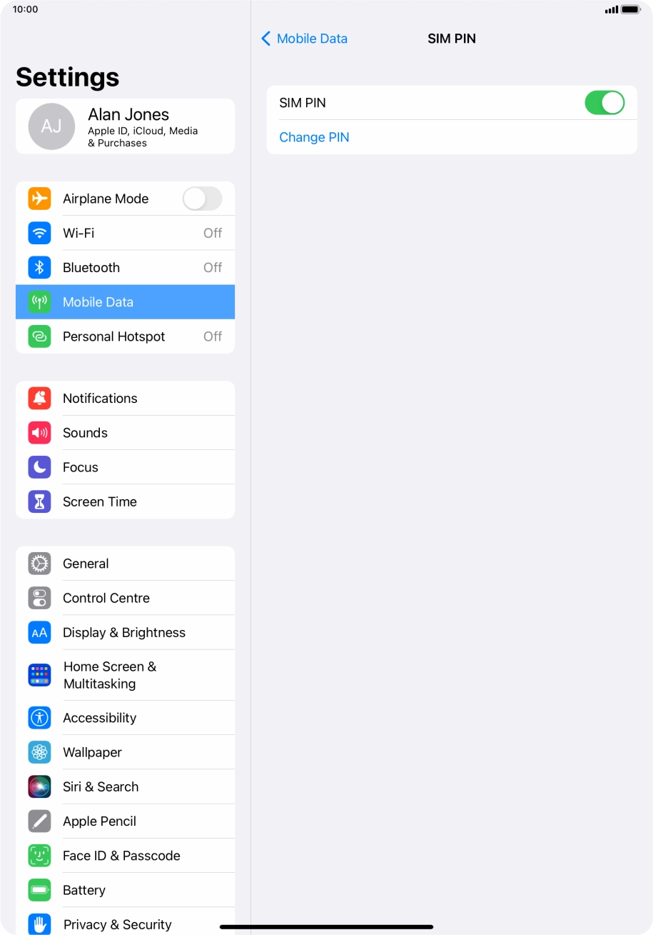 Press the indicator next to 'SIM PIN' to turn the function on or off.