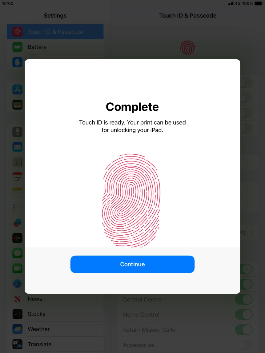 Press Continue. If you haven't previously selected a lock code, key in a code of your own choice twice.