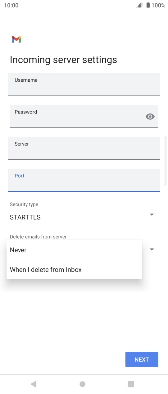 Press Never to keep emails on the server when you delete them on your phone. Press Never to keep emails on the server when you delete them on your phone.