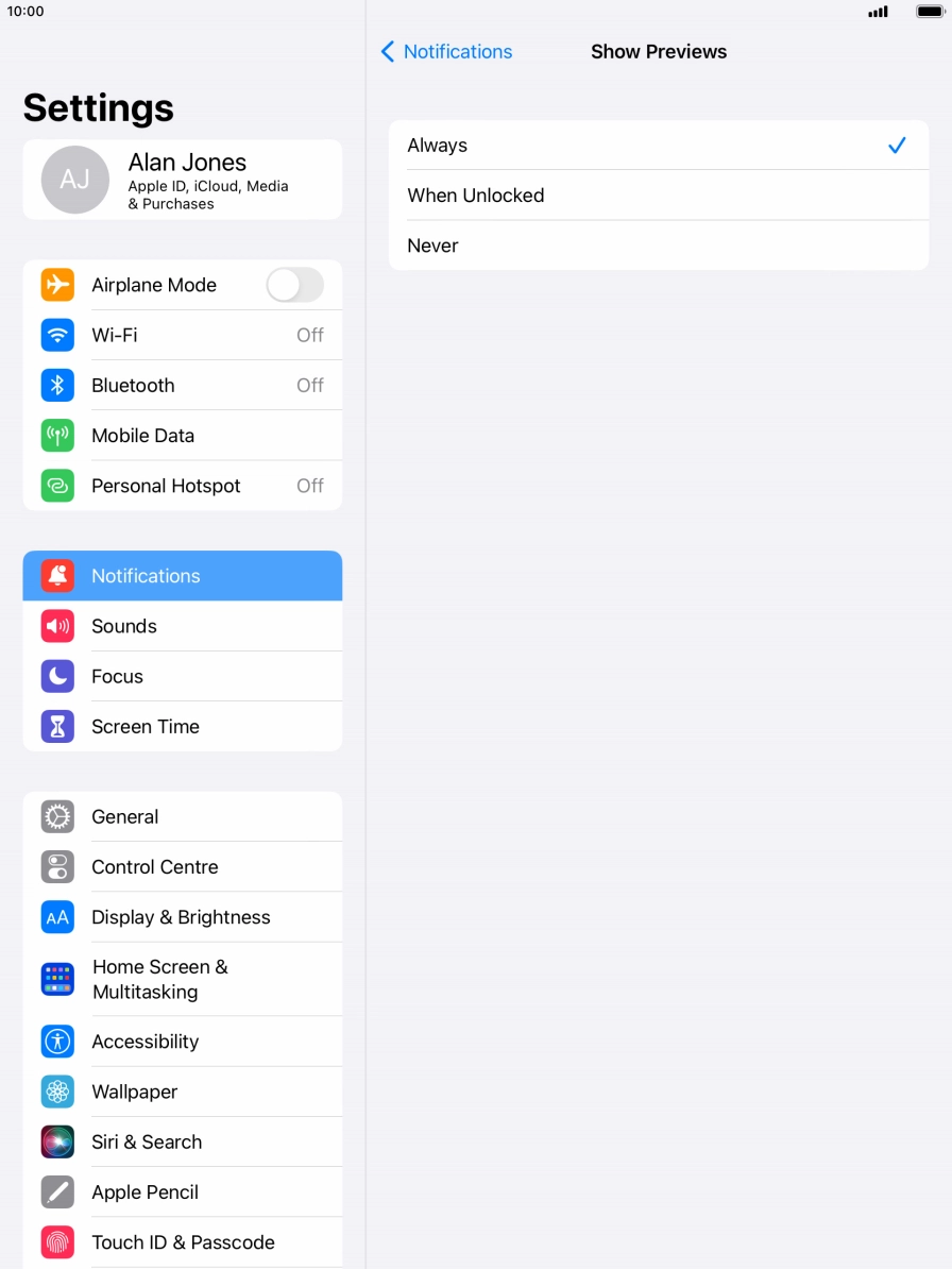 To select notification preview on the lock screen, press Always.