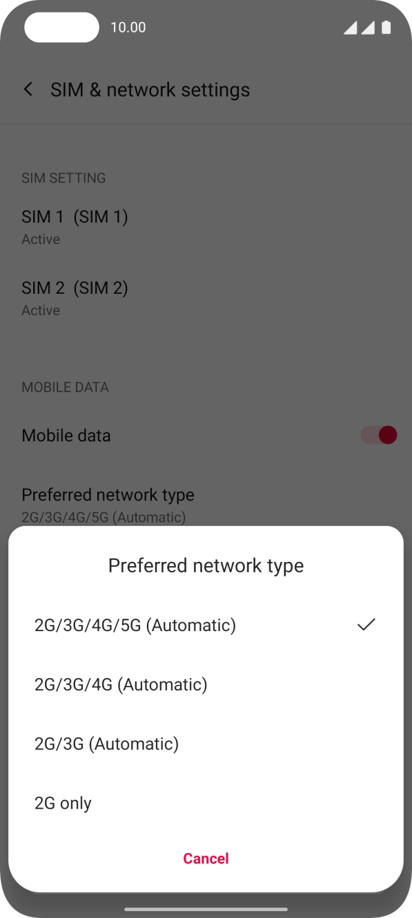 Press the required network mode.