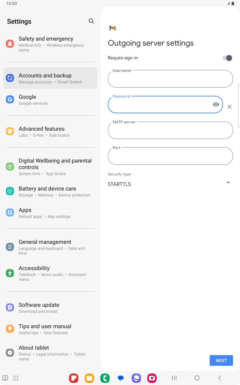 Press the field below 'SMTP server' and key in the name of your email provider's outgoing server. Press the field below 'SMTP server' and key in the name of your email provider's outgoing server.