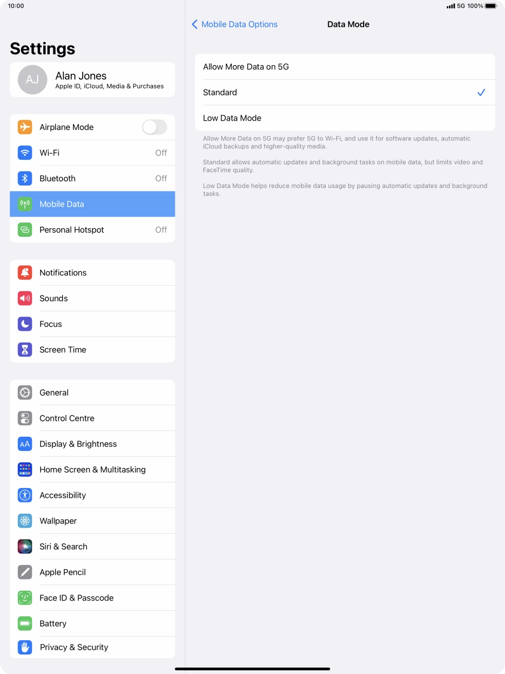 Press the required setting to turn the function on or off.