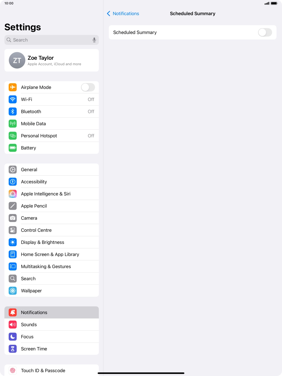 Press the indicator next to 'Scheduled Summary' to turn on the function and follow the instructions on the screen to set the notification summary. Press the indicator next to 'Scheduled Summary' to turn on the function and follow the instructions on the screen to set the notification summary.