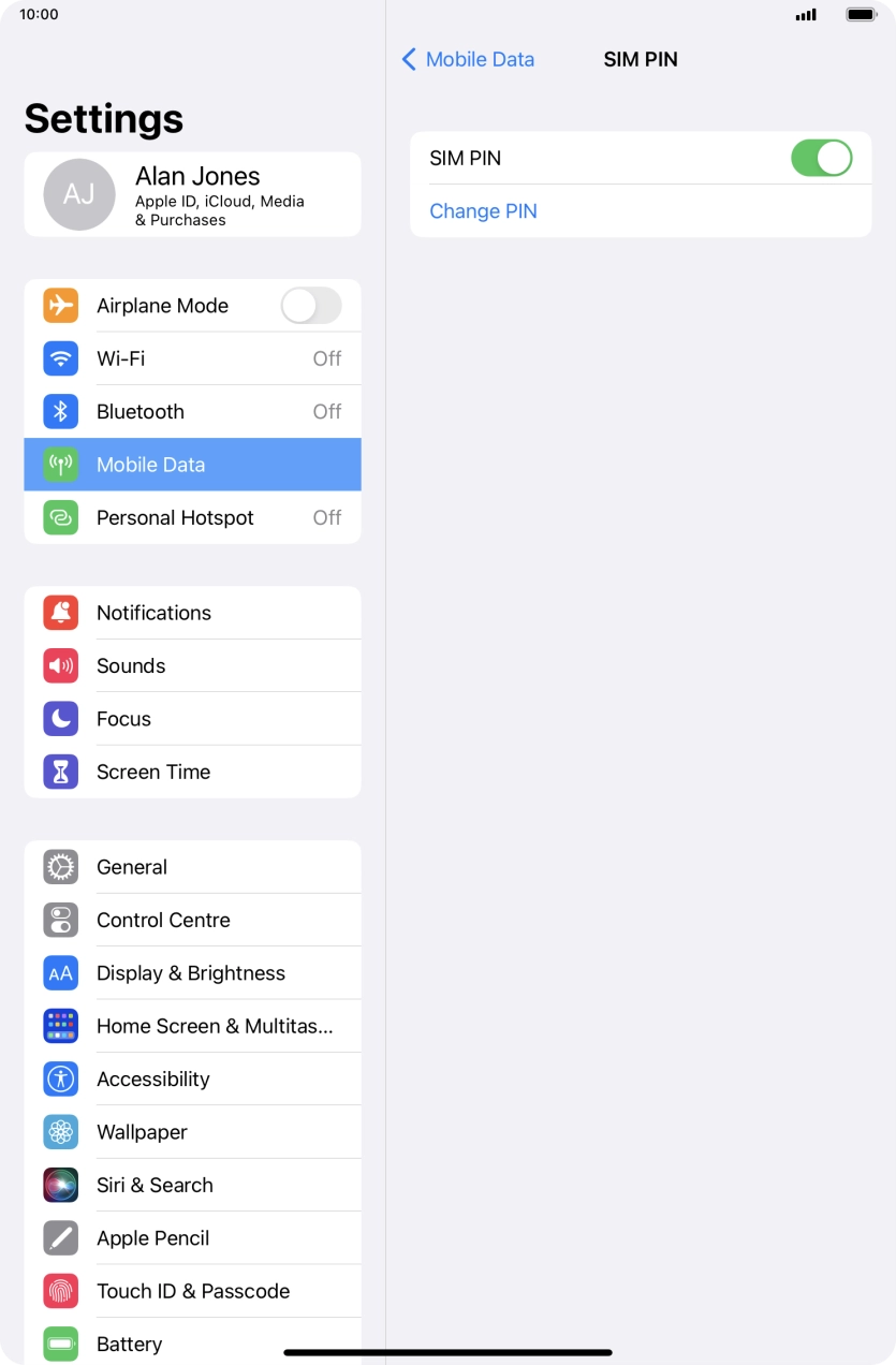 Press the indicator next to 'SIM PIN' to turn the function on or off.