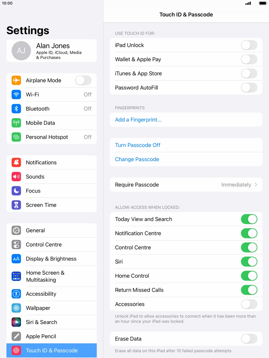 Press the indicator next to 'Erase Data' to turn the function on or off.