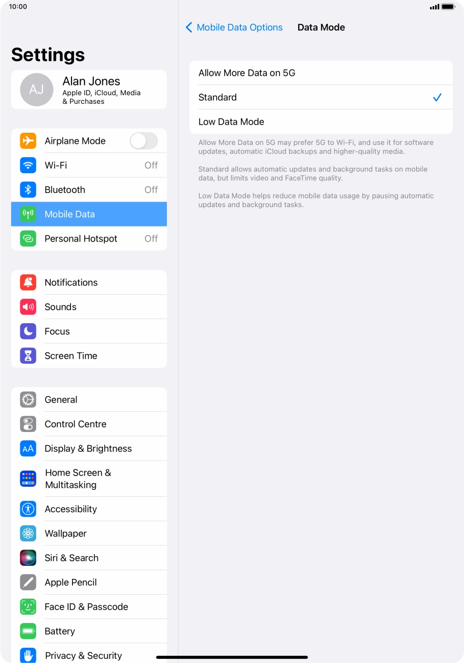 Press the required setting to turn the function on or off.