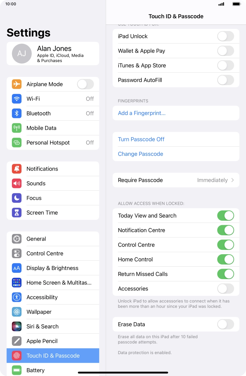 Press the indicator next to 'Erase Data' to turn the function on or off.