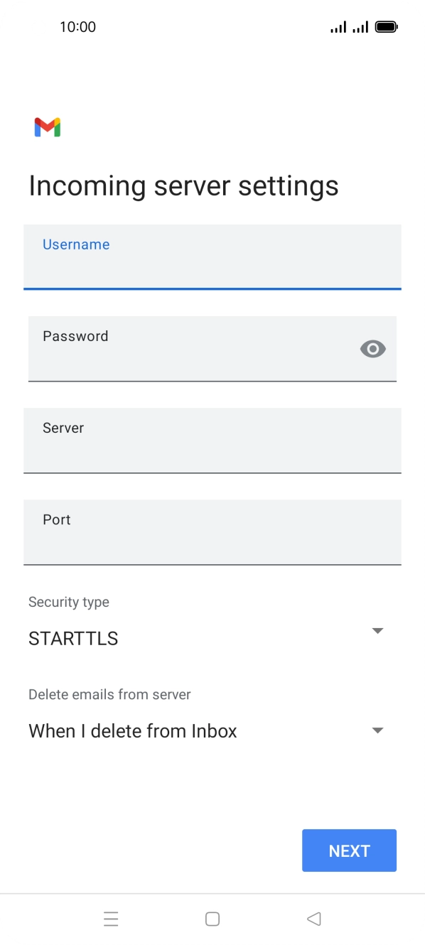 Press the field below 'Server' and key in the name of your email provider's incoming server. Press the field below 'Server' and key in the name of your email provider's incoming server.
