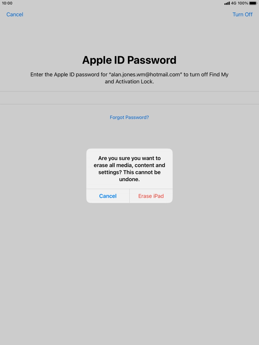 Key in the password for your Apple ID and press Erase iPad. Wait a moment while the factory default settings are restored. Follow the instructions on the screen to set up your tablet and prepare it for use.