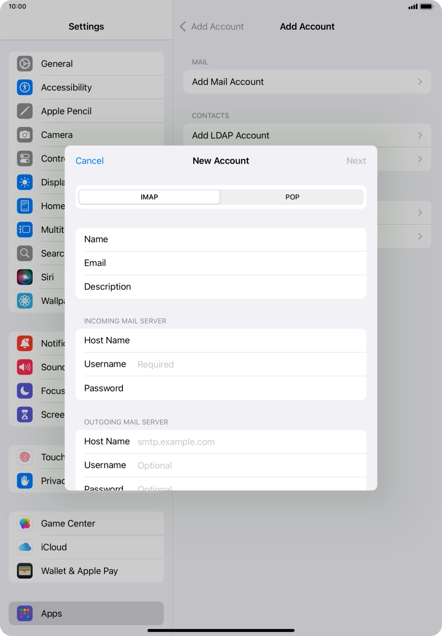 Press Username and key in the username for your email account. Press Username and key in the username for your email account.